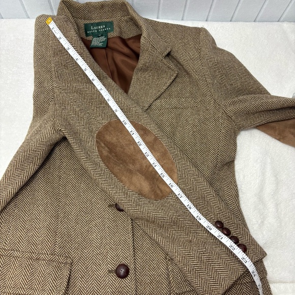 Lauren Ralph Lauren Brown Herringbone Wool Blazer Suede Elbow Patches Size 12 - Picture 7 of 15